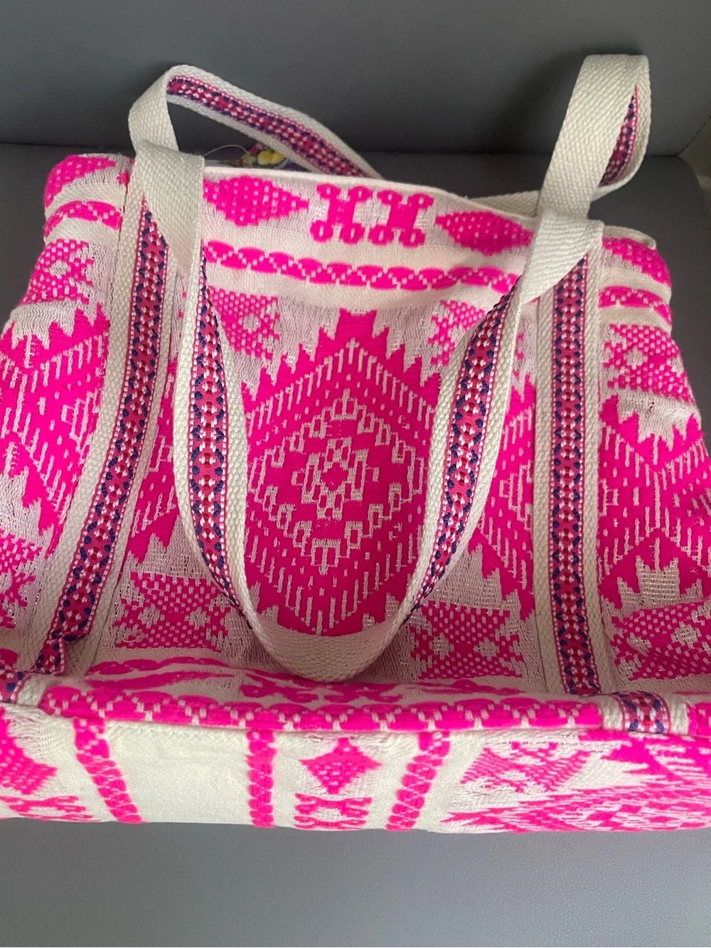 Express Edit Medium Pink Beaded Bee Woven Tote Bag